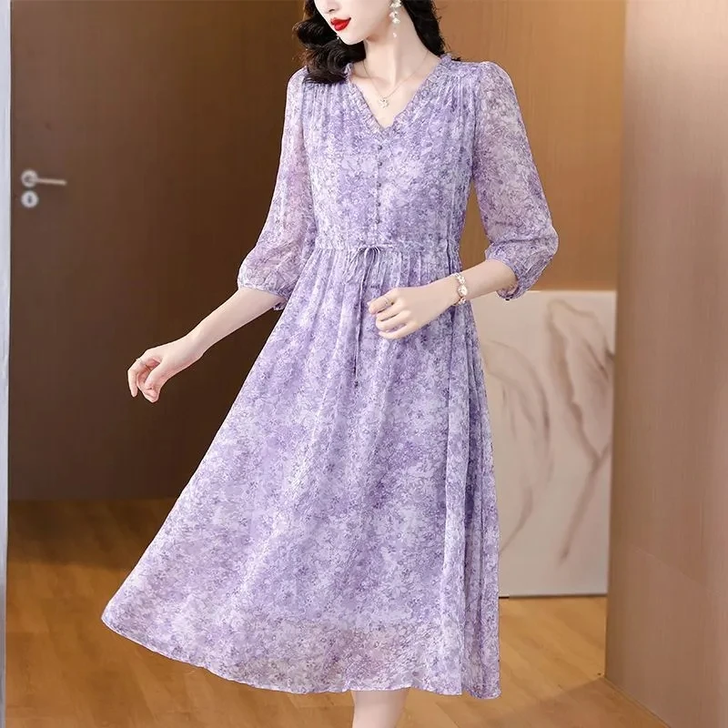 2024 Summer New Silk Cropped Sleeves Slim Dress Ladies Waist Cropped Sleeves Wysokiej klasy francuska spódnica z jedwabiu morwowego Lady