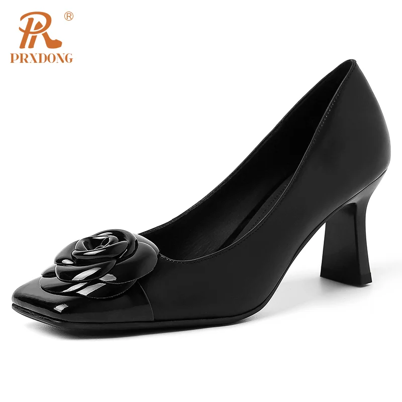 PRXDONG New Elegant Genuine Leather Spring Summer Women Pumps HIgh Heels Square Toe Black WHite Dress Party Wedding Lady Shoes