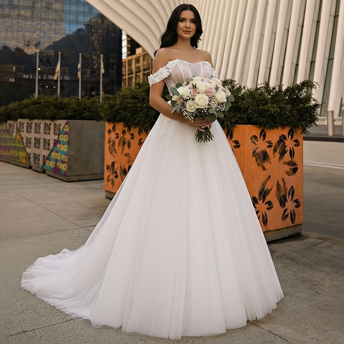 

Simple Appliques Tulle Wedding Dresses With Train Off Shoulder Long Ball Gown Puffy Bridal Gown For Women Vestidos Novia