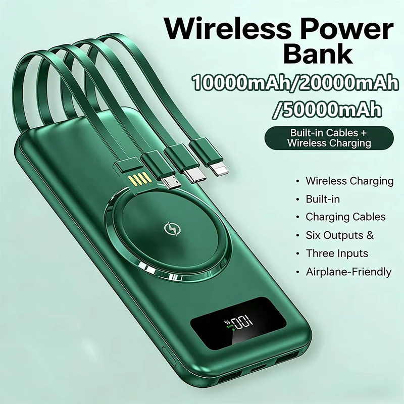 Portable Power Bank 50000mAh with Built in 4 Cables Qi Wireless Charger Powerbank for iPhone 17 Samsung Xiaomi Huawei Poverbank view 2