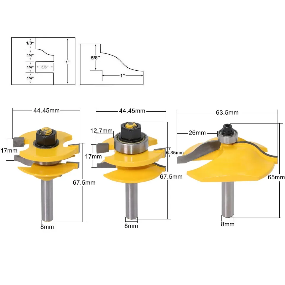 8mm Shank high quality Raised Panel Cabinet Door Router Bit Set - 3 Bit Ogee Woodworking cutter woodworking router bits