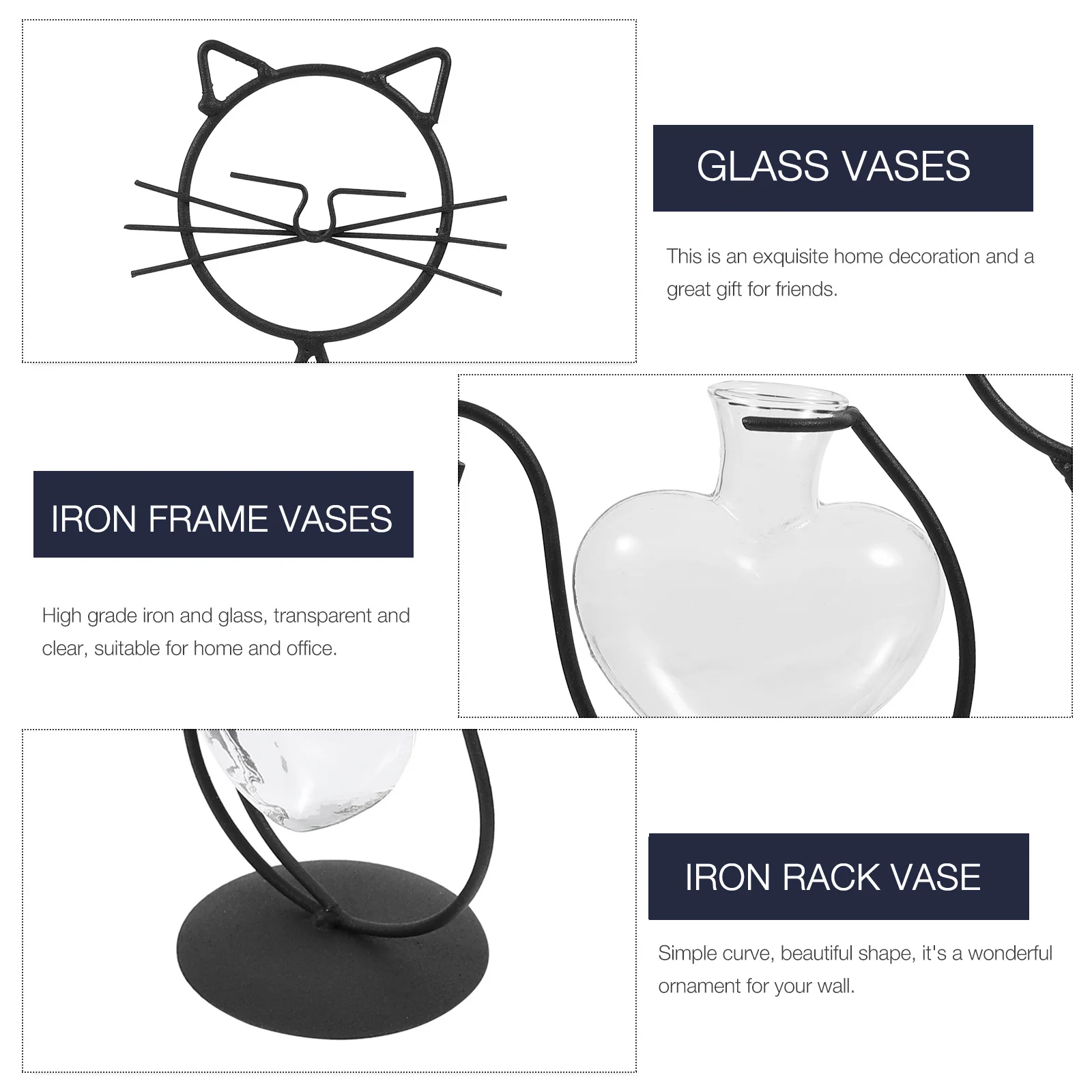 

Cat Vase Iron Frame Glass Hydroponic Planter Desktop Glass Vase Flower Arrangement Home Decor Iron Art Frame Vases