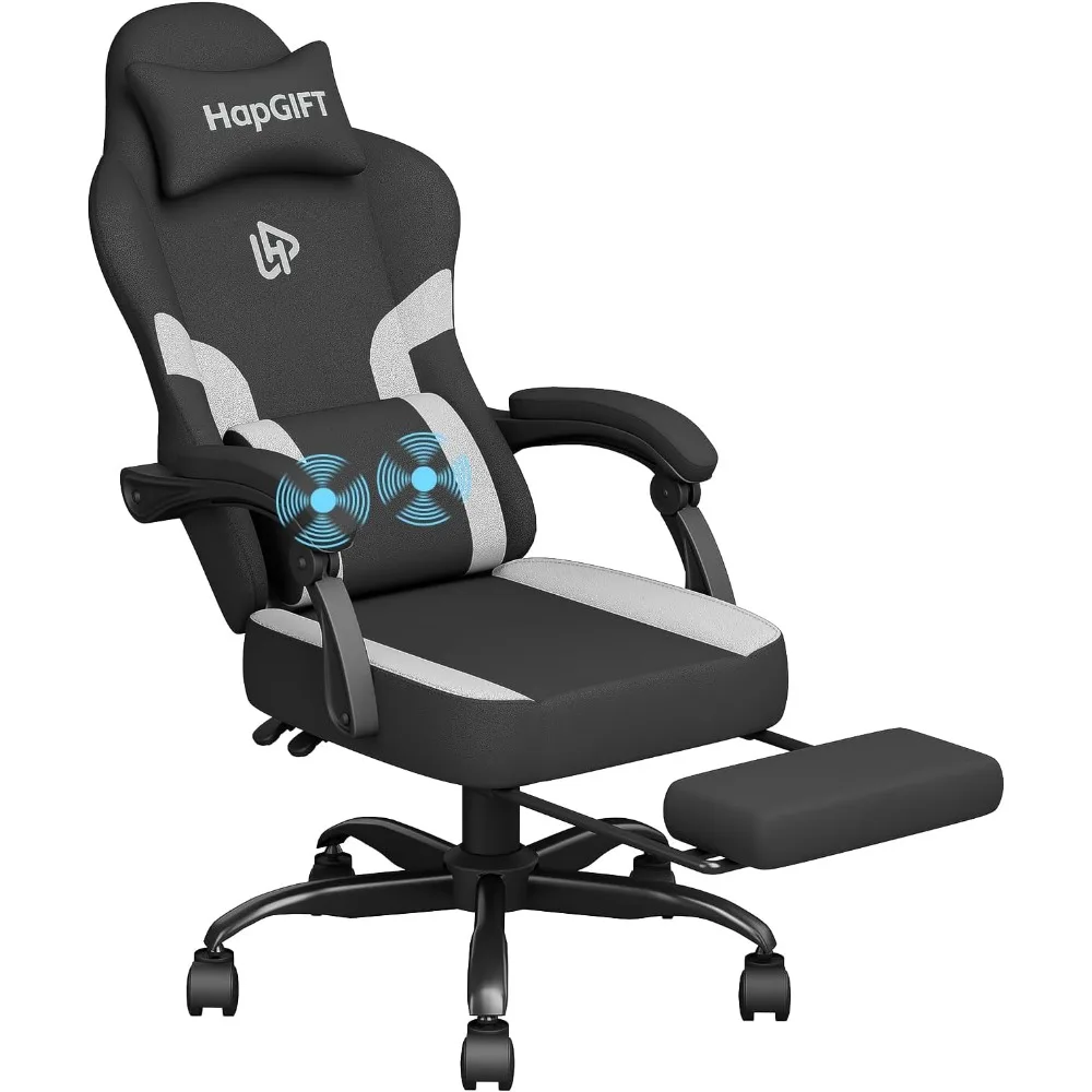

High back ergonomic swivel gaming chair with footrest, massage lumbar support, reclining function, armrests, and headrest
