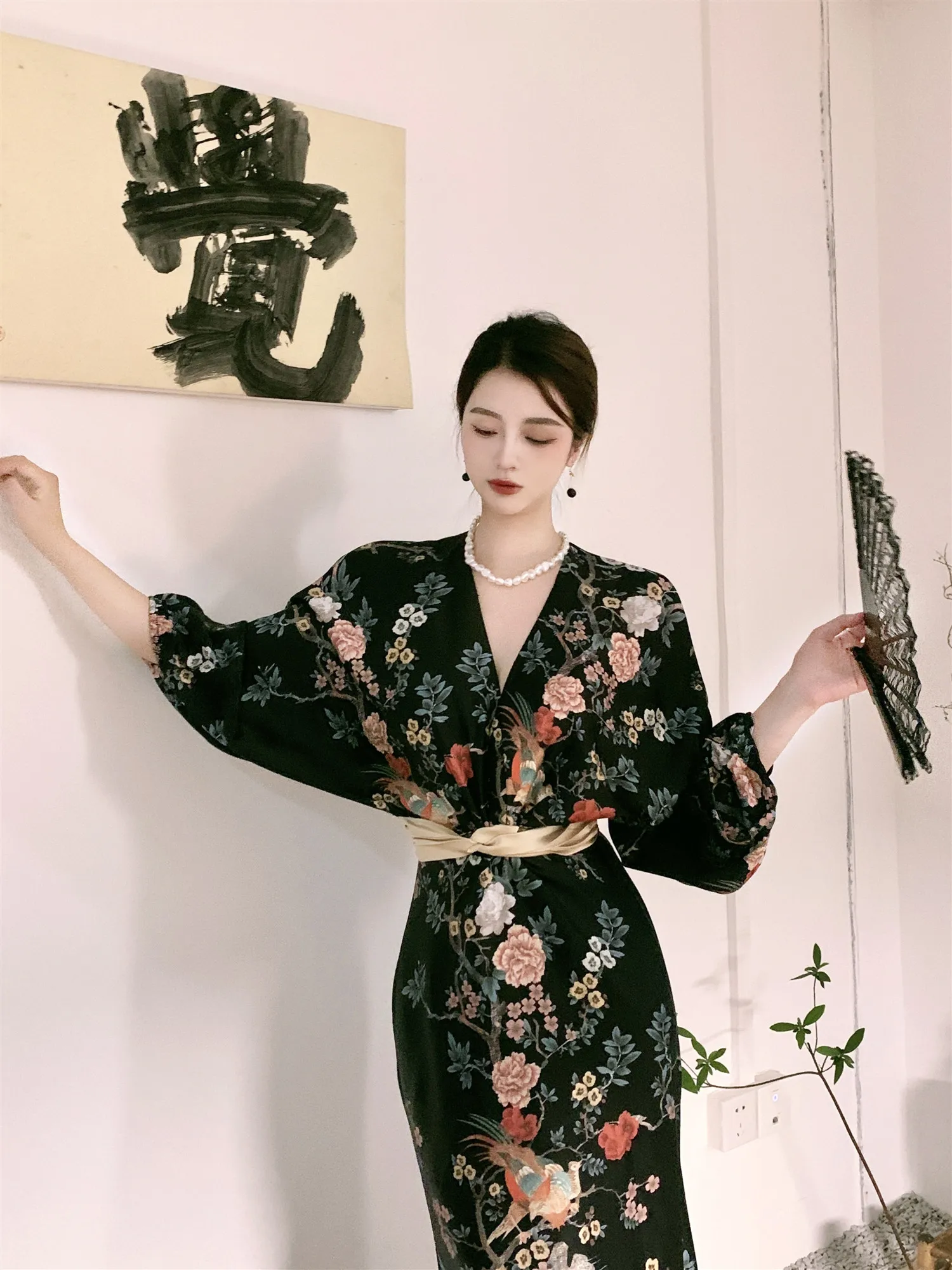 Spring Summer Oriental Classical Beauty Vintage Ink Floral Tight Waist Dress Women\'s V-neck Batwing Sleeve A- Line Length Dress