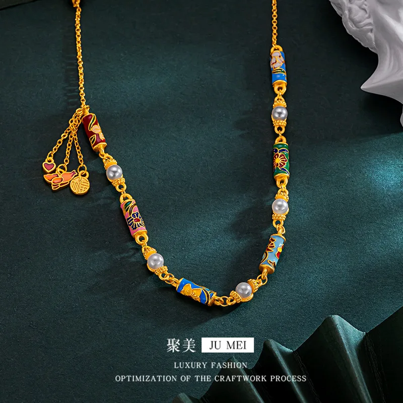 Vietnamese Sand Gold Enamel Pearl Floral Goddess Two Piece Necklace and Bracelet Boho Style Jewelry Gift for Women Everyday Wear