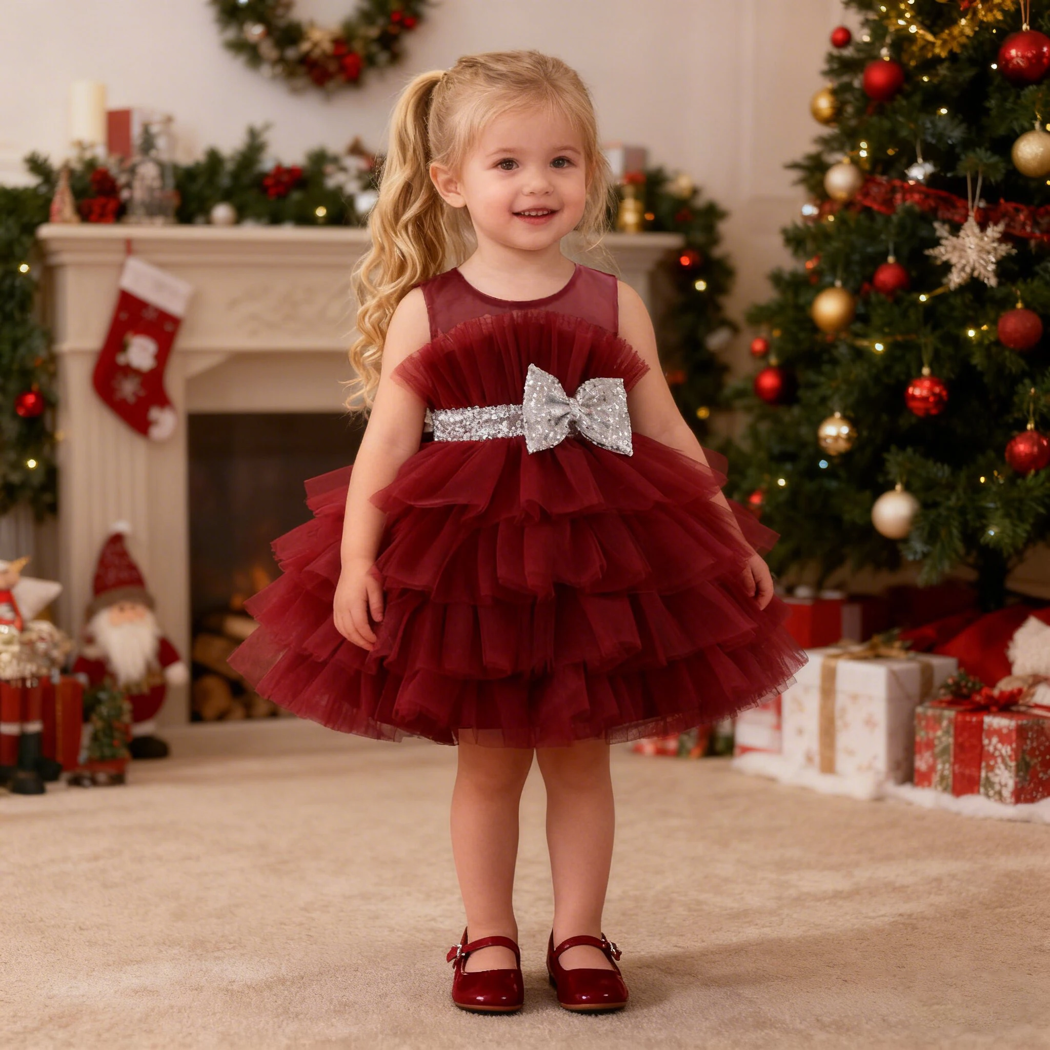 

Baby Sequin Party Girl Dresses Toddler Tulle Bow 1st Birthday Baptism Princess Dresses Baby Elegant Wedding Bridesmaid Prom Gown