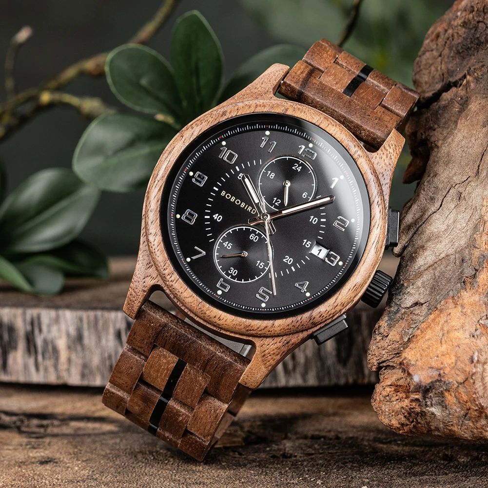 

BOBO BIRD Men's Wooden Watch Fashion Casual Quartz Watch Carved Wooden Chronograph Watch Date Display Groom Best Man Gift Watch