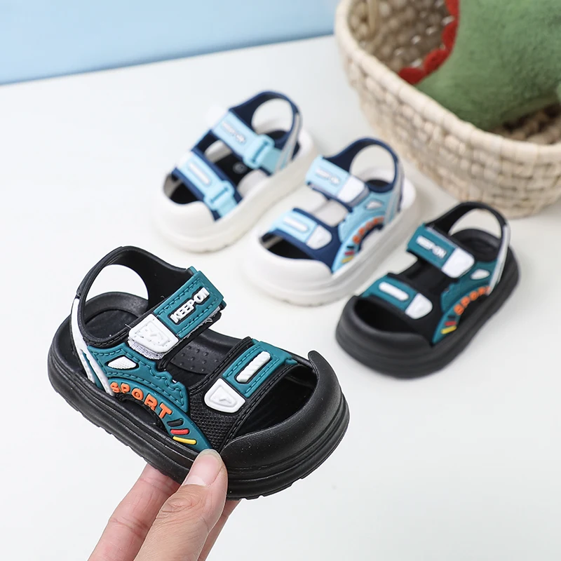2026 New Boys' Sandals, Multi-Color Fashionable Anti-Collision Sports Summer Beach Shoes, Soft and Non-Slip PVC Sole with Velcro