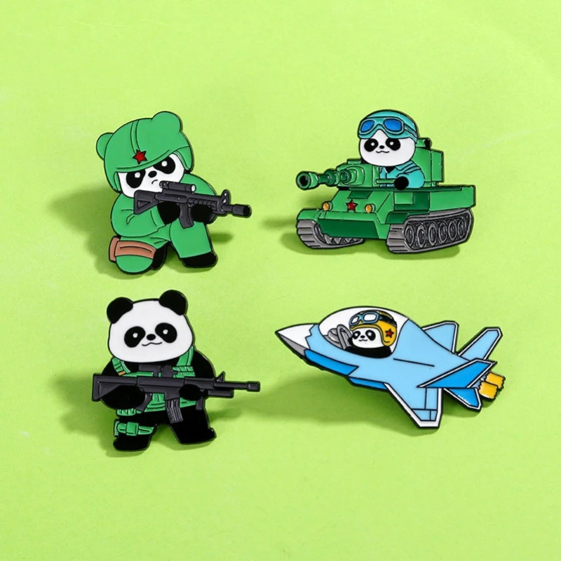 Panda Tank Pilot Design Cartoon Brooch Student Book Alloy Drip Oil Badge Pin DIY for Clothes Bags