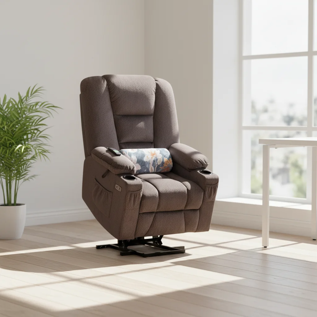 Retro Style Modern Electric Power Rise Extendable Recliner Lift Single Sofa Chair Fabric Wood Frame Massage Heated