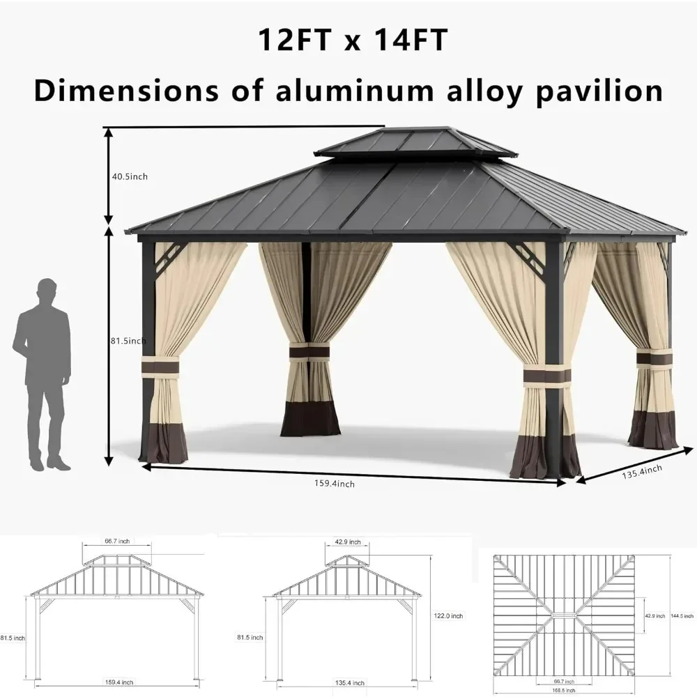 12x14ft Hardtop Gazebo Double Roof, Outdoor Pavilion with Galvanized Iron Frame Garden Tent, Suitable for Courtyards, Backyards