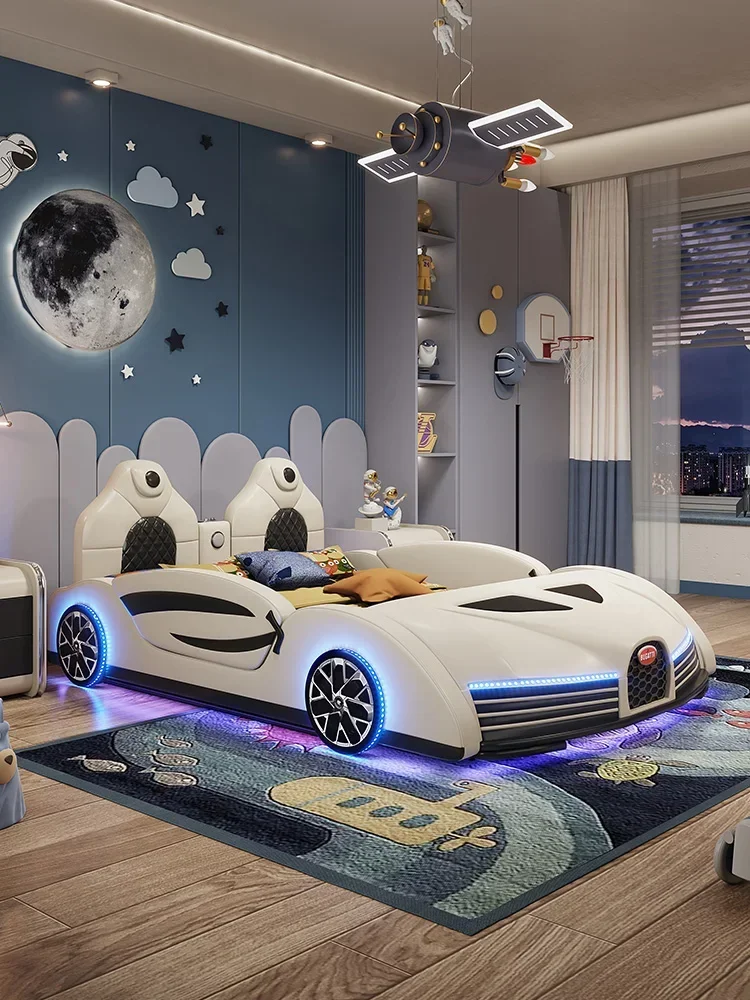 

2023 New Solid Wood Car Children's Bed 1.5M Boys with Guardrail Bedroom 1.2M Single Person Sports Car Leather Bed for Boys