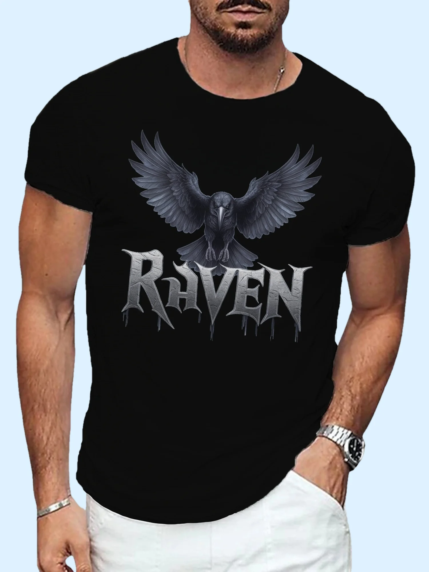 

Men'S Casual Short-Sleeve T-Shirt Featuring a Raven with Outstretched Wings, Perfect for Summer.