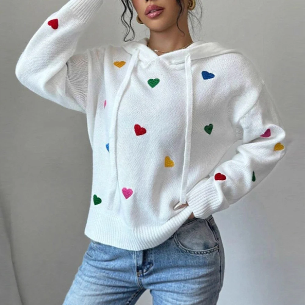 

Women's Autumn Winter Knitwear Hooded Long-Sleeved Colorful Love Jacquard European American Style Fashion