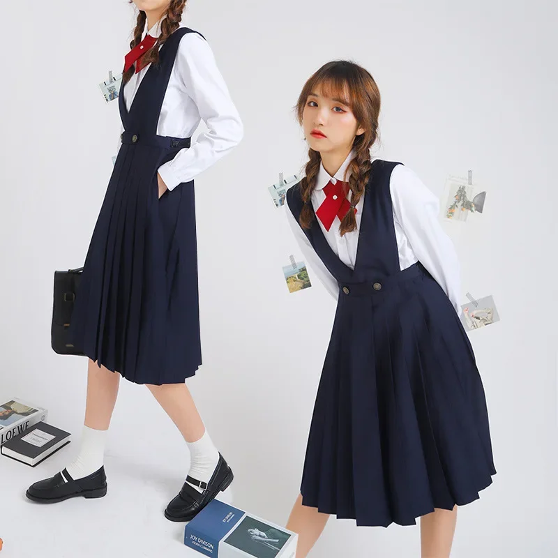 Japanese Korean Class High School Student Girl Long Pinafore Pleated Dress  JK Uniform Cosplay Seifuku Schoolgirl Sundress