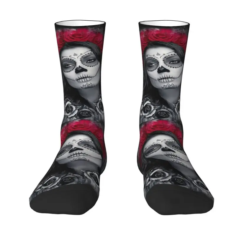 Catrina Calavera Roses Men Women Crew Socks Unisex Cool 3D Printed Mexican Skull Dress Socks