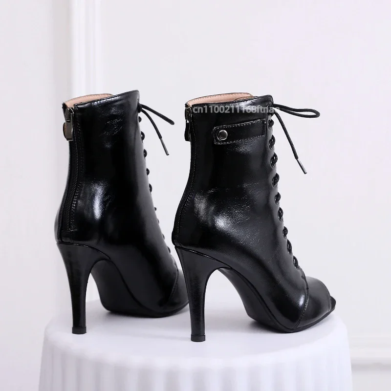Damen-Tanzstiefeletten mit Fischmaul-Design, Schnürung, Ausschnitten, schmalem Absatz, für Frühling und Sommer, Jazz-Party, Aufführung – Detail 12