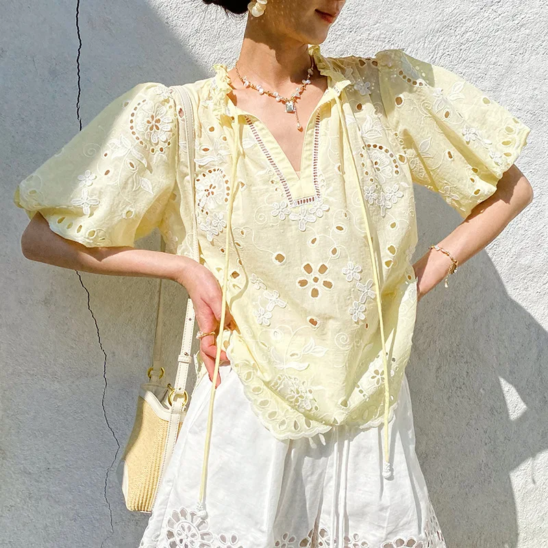 

French Style Boho Vintage Summer Blouse Shirt Women Cotton V Neck Embroidery Hollow Out Short Sleeve Elegant Casual Ladies Tops