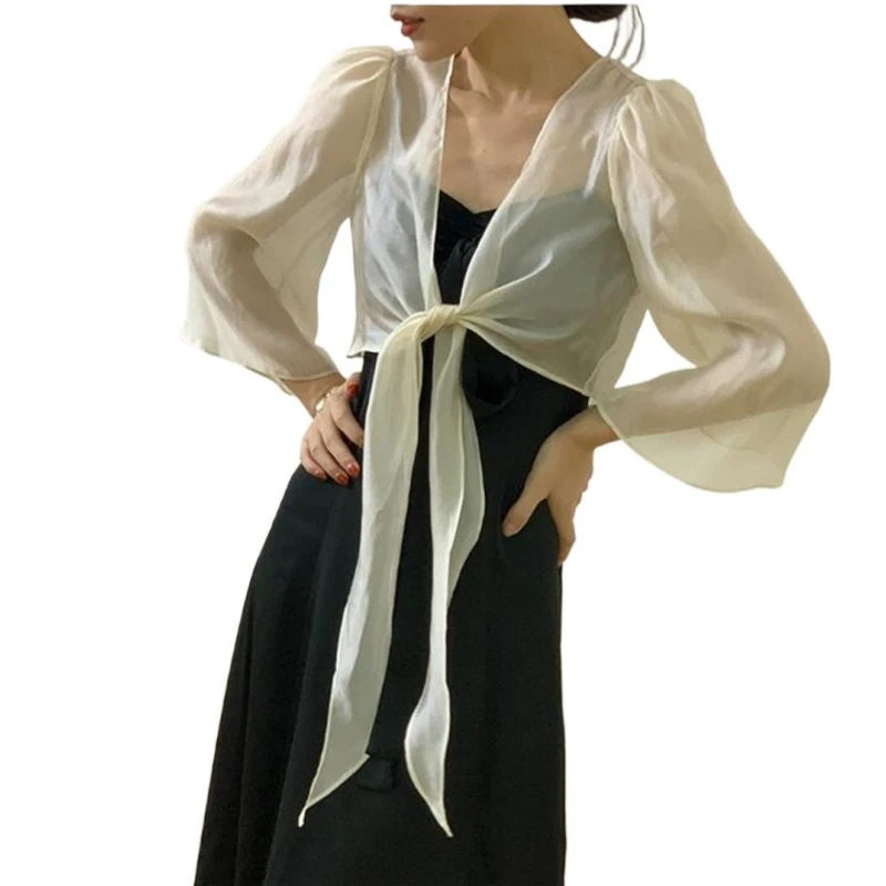 Women Elegant Blouse Female Spring Summer Short Thin Coat Flare Sleeve V Neck Lace up Shirts Ladies Fashion Slim Crop Tops