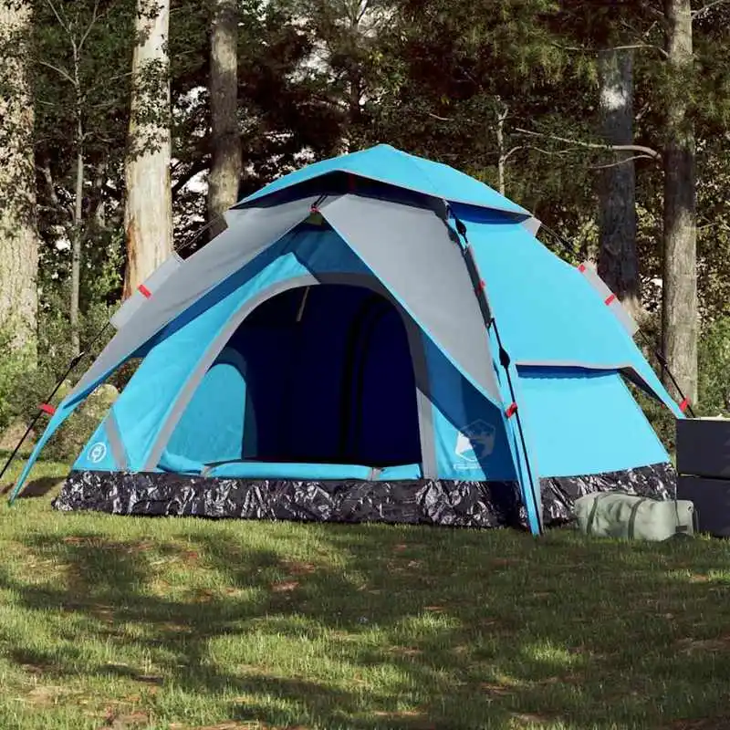 Tente de camping en forme de dôme pour 5 personnes, bleue, à démontage rapide, intérieur spacieux, structure stable, bonne ventilation, idéale pour les voyages de camping en famille en plein air.