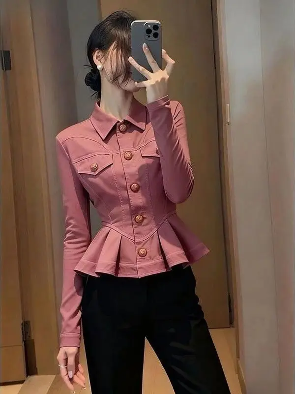 

Unique Early Autumn Ultra Beautiful Dark Blue Women's Jacket High Fashion Elegant Waist-Cinching Top Commute Style Regular Sl...