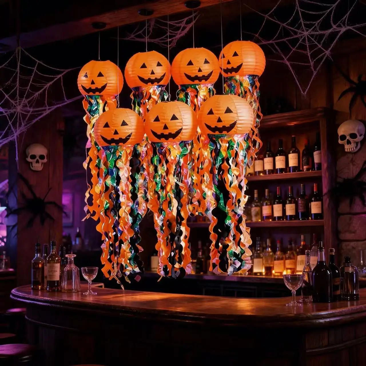 Halloween jellyfish pumpkin paper lantern tassel lantern bar pub window display holiday party atmosphere decoration