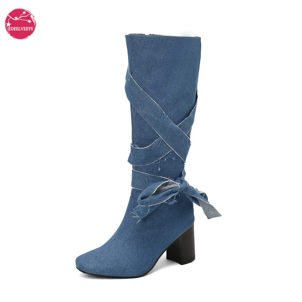 Handmade Denim Long Boots for Women Round Toe Chunky High Heel Booties with Bowknot Strap Cowgirl Boot Plus Large Size 34-48