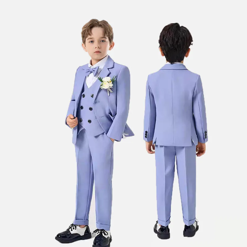 

5Pieces/Set Jacket Vest Pants Bowtie Brooch Gentleman Kids Photograph Suit Flower Boys Easter Dress Children Performance Costume