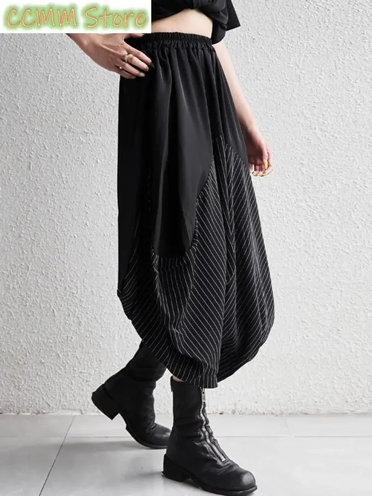 New High Elastic Waist Black Striped Spliced Harem Trousers New Loose Fit Pants Women Fashion Tide Spring Summer