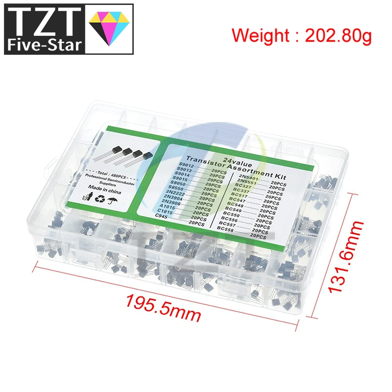 24Values TO-92 Transistor Assortment Assorted Kit Each BC327 BC337 BC517 BC547 BC548 BC549 2N2222 3906 3904 5401 5551 C945 1015