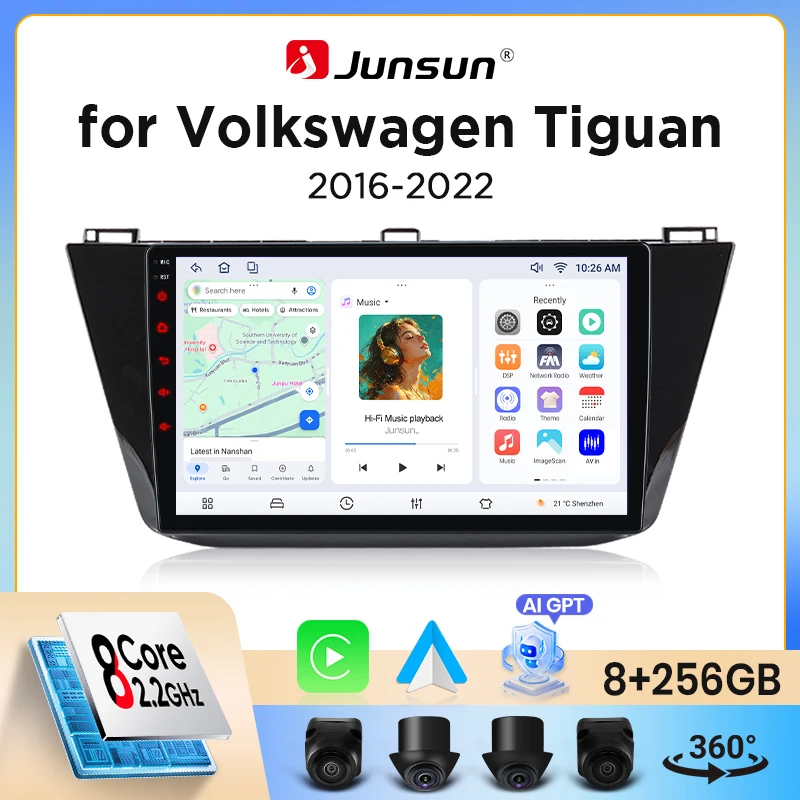 Image of Junsun Wireless CarPlay Android Auto Autoradio für Volkswagen (VW) Tiguan Mk2 (AD/BW) 2016-2023 mit eingebautem Lüfter, Android GPS-Navigation, Multimedia-Player, WiFi, DSP, RDS, BT, SWC,