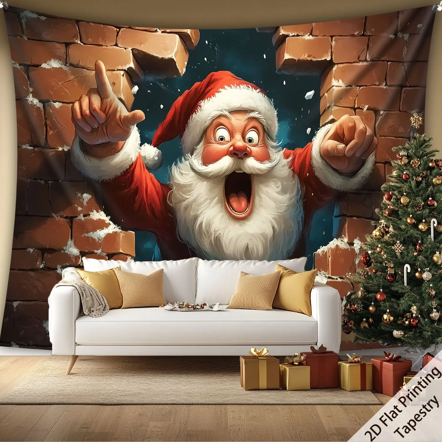 3D Illusion Santa Claus Breaking Wall Tapestry - Festive Christmas Decor  2D Flat Print for Living Room Bedroom Wall Art​