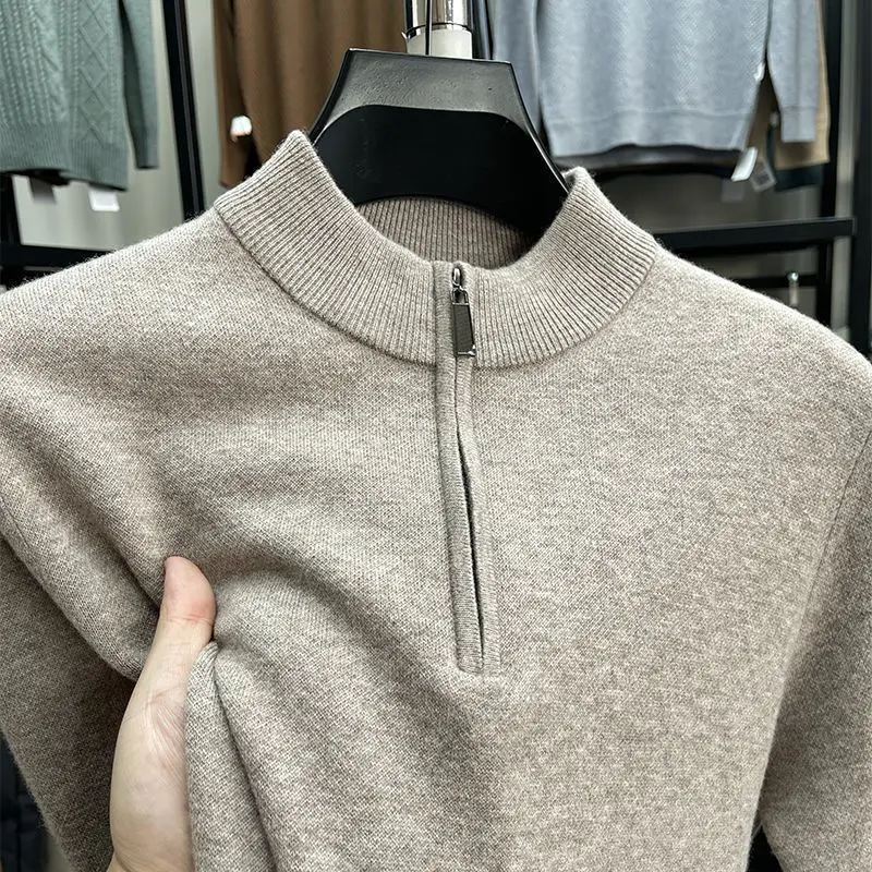 High-End Men's Knitted Sweater Zipper Thiened f-High Collar Winter Warm  Color Base Layer irt Ci Walk Cotton Blend