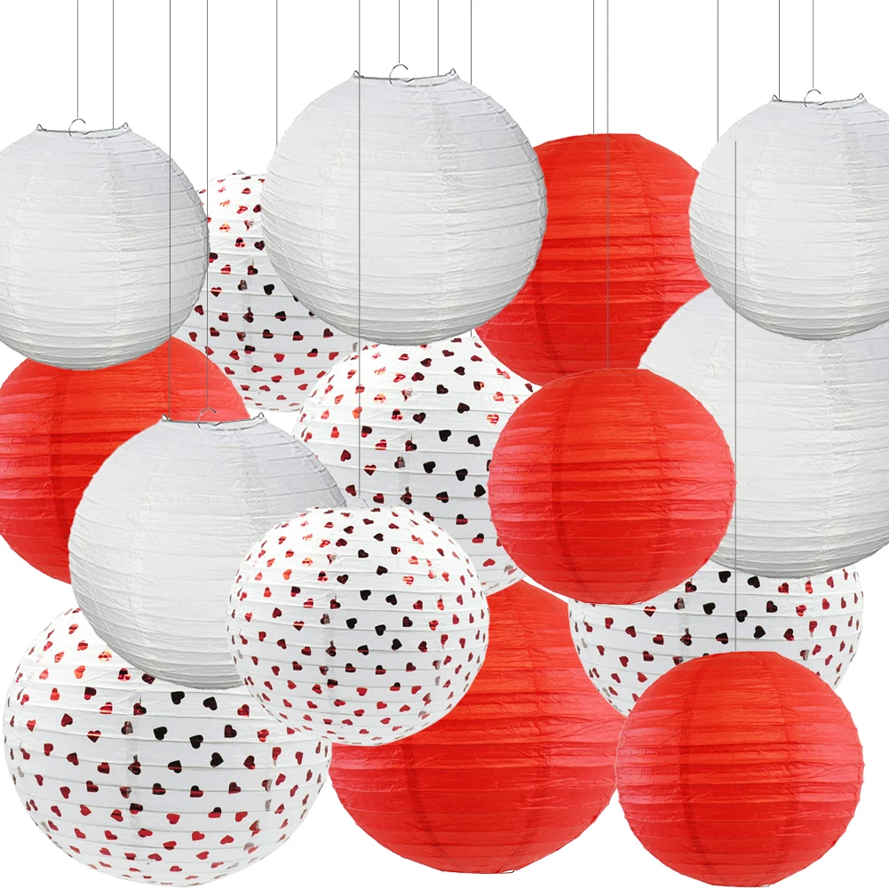 15 Pc Paper Lanterns Heart Party Decorations Red and White Paper Ball Indoor Outdoor - Wedding Graduation Birthday Events Party