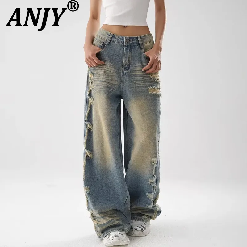 

ANJY 2025 Spring Autumn New Women American Streetwear Hole Distressed Jeans Stylish Loose Fit Draped Wide-Leg Denim Pants A15405