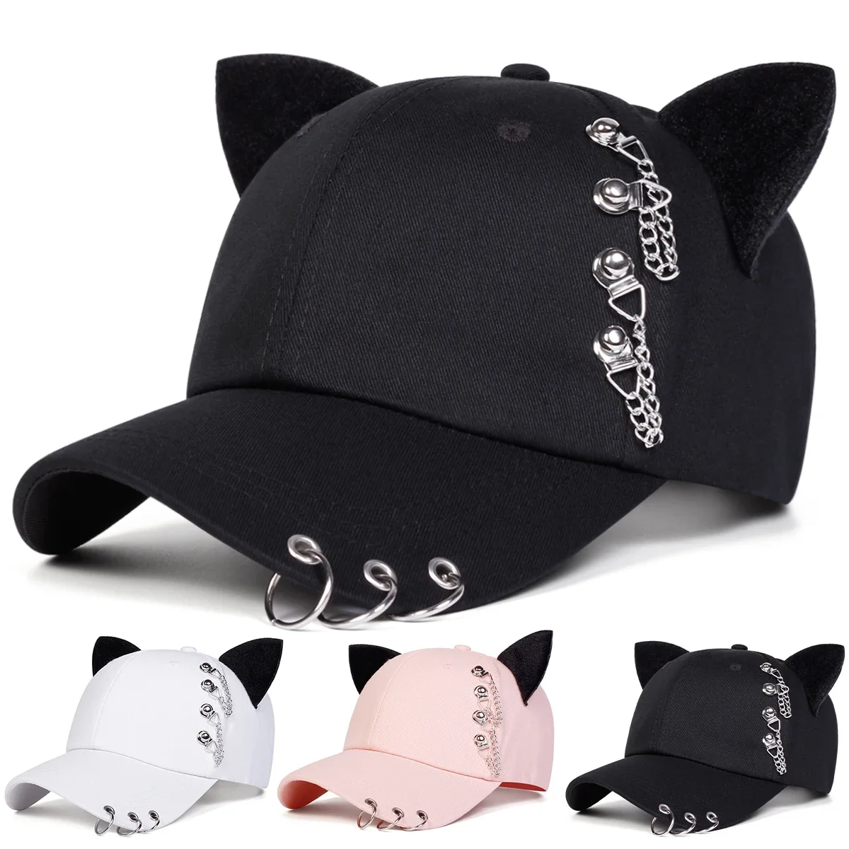 Unisex Cat Ear Chain Iron Ring Baseball Caps Spring Autumn Outdoor Adjustable Casual Hats Sunscreen Hat Sports Cap