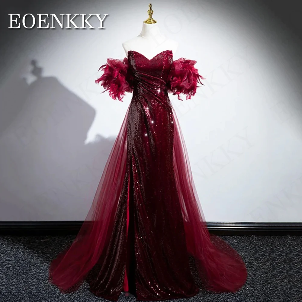 Burgundy Mermaid Sequins Evening Dress Long Luxury Women Feathers Off Shoulder Party Dresses vestidos de noche Strapless V Neck