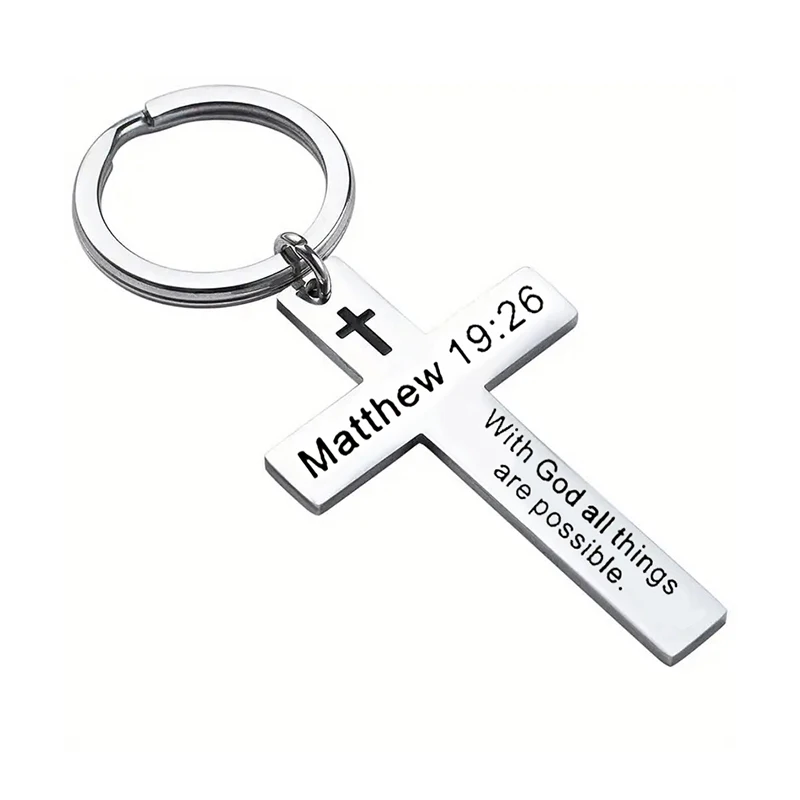 Christian Bible Verse Cross Pendant Keychain Stainless Steel Religious Psalm Prayer Key Chain Keyring Gifts