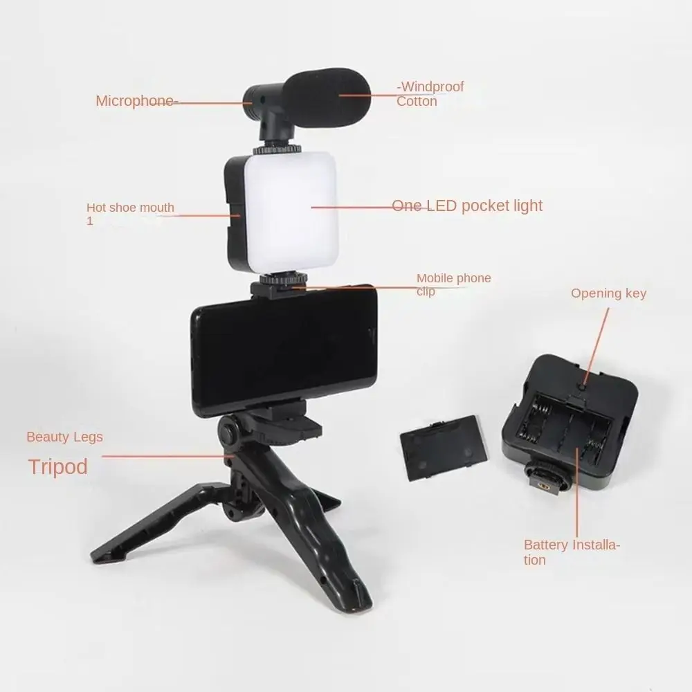 

Rotating LED Fill Light Desktop Stand Set Handheld Tripod with Light and Microphone Phone Stand Stabilizer Foldable Versatile