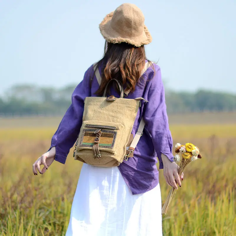 Mochila de lino y algodón para mujer, bolso de ocio de marca de lujo con borla de doble hombro, contraste de gran capacidad, 2022