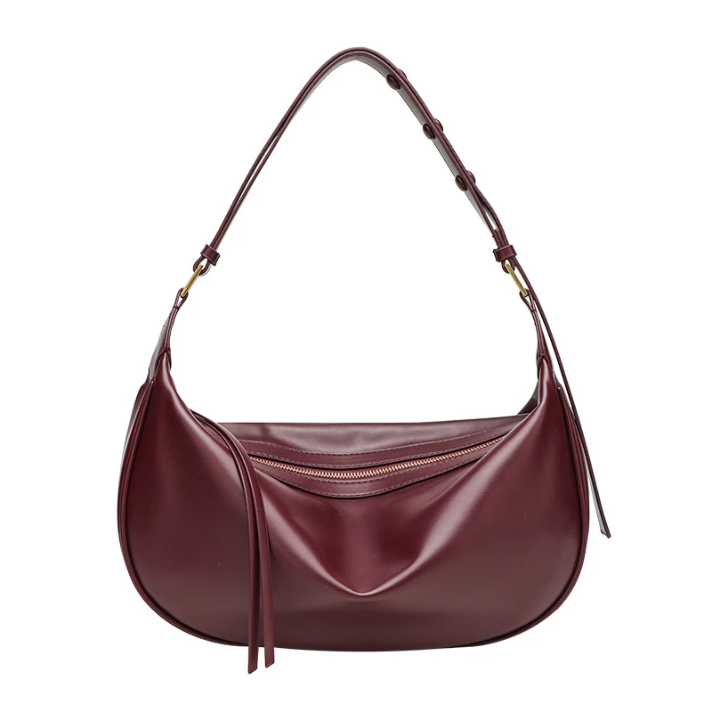 Burgundy Leather Dumpling Underarm Bag Adjustable Strap Women's Daily Commuter Crossbody Purse