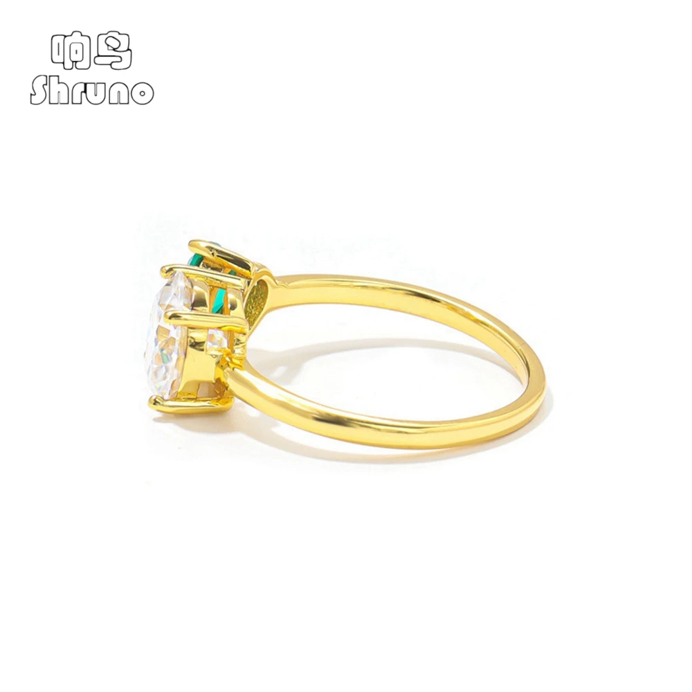 Shruno Solid 14K Yellow Gold Engagement Ring 6.5mm Round Moissanite Center with 5x7mm Lab Emerald Wedding Band For Women Gifts