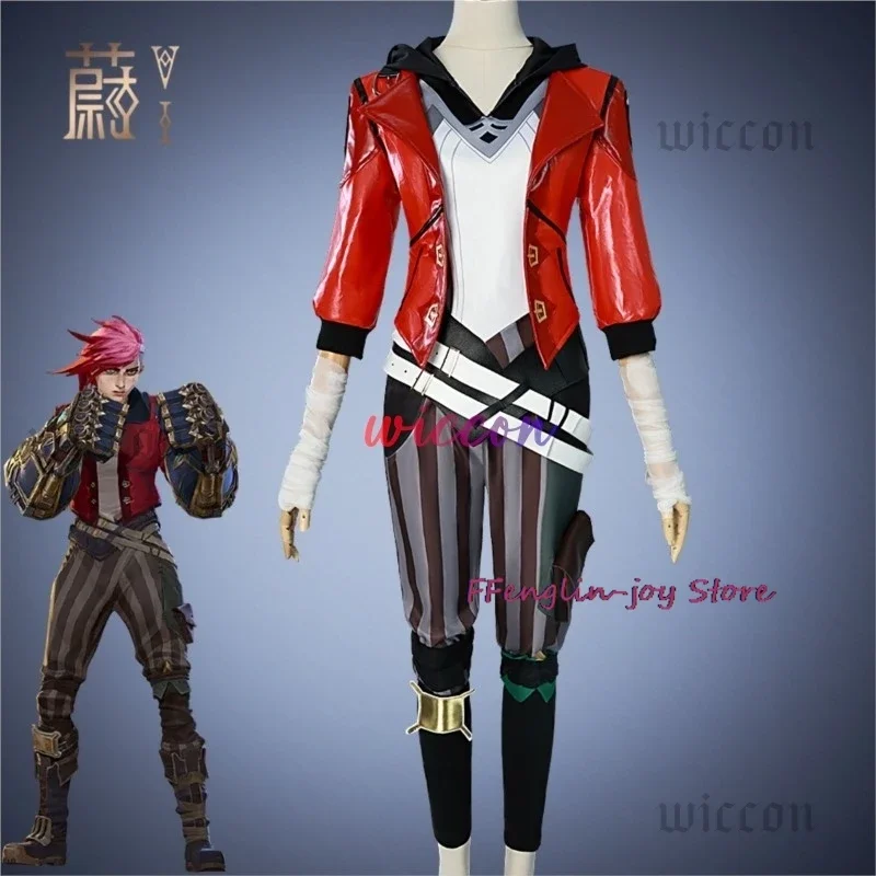 Game LOL Arcane Vi Cosplay Costume Piltover Enforcer Outfit Vi Uniform Red Wig Suit Halloween Carnival Role Play Props Woman@0Z*