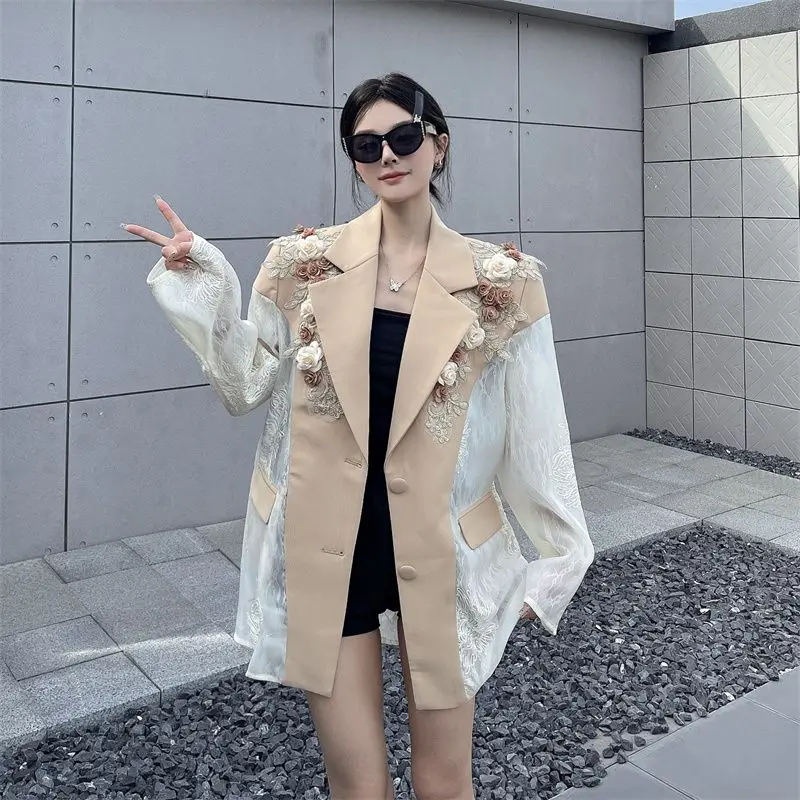 Chic Flowers Embroidered Lace Spliced Blazers Coat 3D Roses Patchwork Suit Jacket Summer Slim Sunscreen OL Cardigan Tops