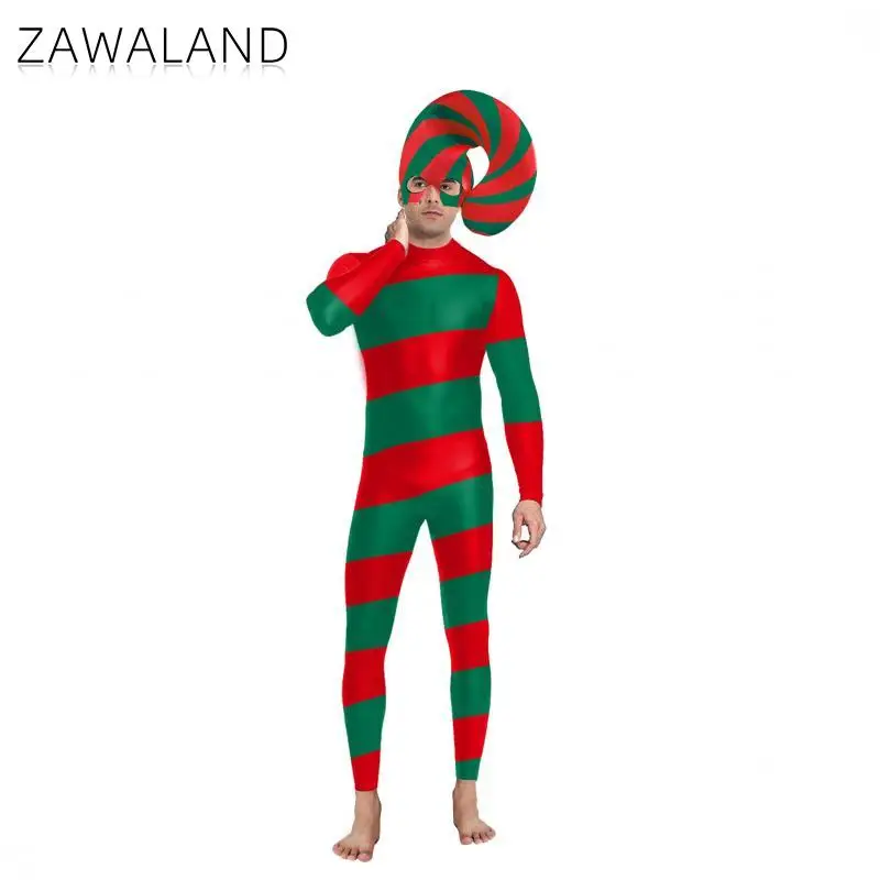 Zawaland Christmas Candy Cane Jumpsuit Stripe Cosplay Costume Outfit Festival Bodysuit Christmas Party Zentai Suit Xmas Gifts