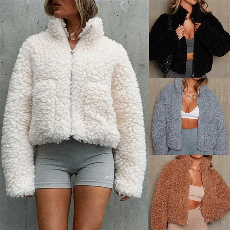 Winter Lamb Wool Short Coat For Women Thicken Warm Long Sleeve Turtleneck Jackets 2023 Autumn Fashion Streetwear Ladies Overcoat