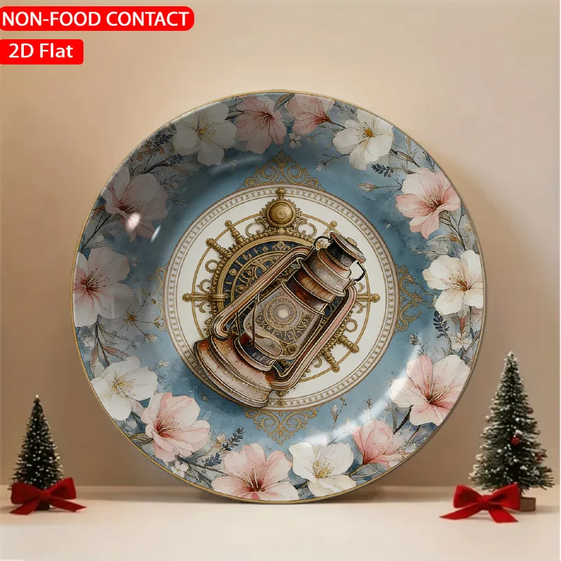 1pc Victorian Floral Ceramic Plate Lantern - Vintage Blue Suitable for Home Desk Decor, Non-Food Contact Ornament, Elegant