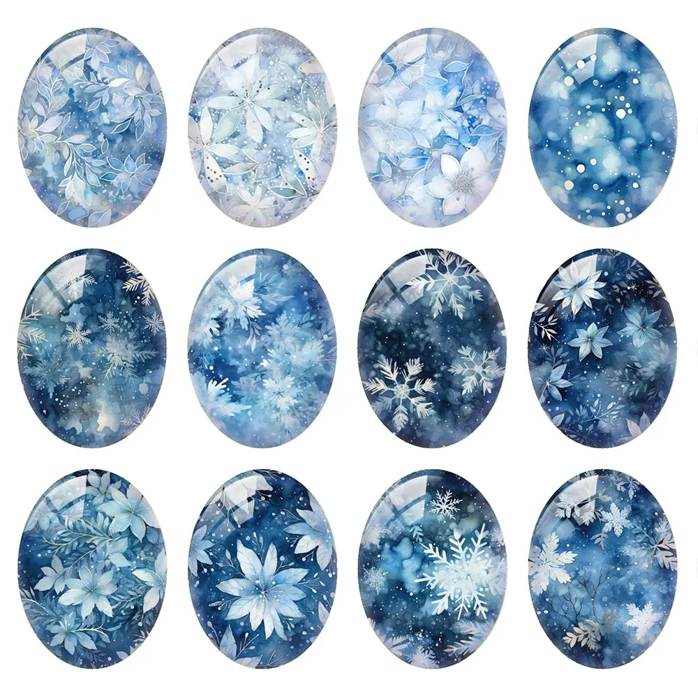 Random Mixed Round/Oval/Square Ice Blue Winter Snow Floral  Photo Glass Cabochon Flatback Demo Cameo For Diy Jewelry Making