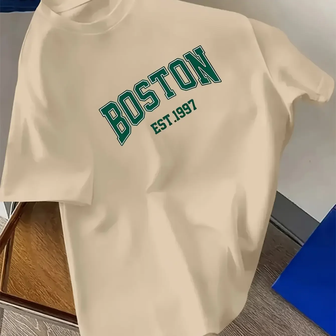 Men's Summer 100_ Pure Cotton Fashionable Casual Sports Loose Boston Letter Pattern Print Round Neck Short Sleeved T-shirt Top