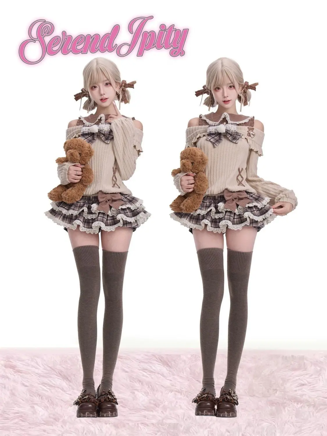 Wiosenne dzianinowe słodkie kawaii lolita eleganckie komplety dwuczęściowe damskie z kokardą, sweter + elegancka spódnica w kratę, popularne w stylu koreańskim. ​ Ubrania